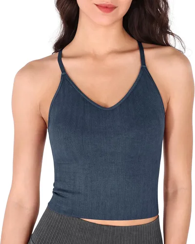ODODOS Sujetador deportivo sin costuras con almohadillas extraíbles para mujer, cuello en V, acanalado, Brami de línea larga, top corto