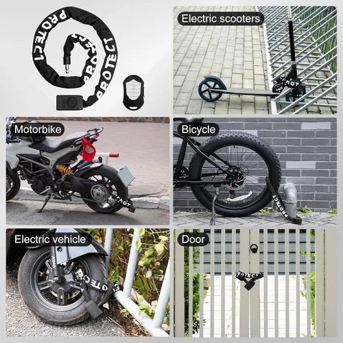 Vista 7 de Candado de cadena de bicicleta de 4 pies con alarma, bloqueo de cadena de bicicleta resistente de 0.315 in con llaves, alarma antirrobo de 110 dB