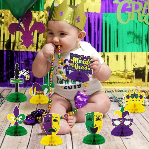 Vista 4 de 8 piezas de Mardi Gras - Centro de mesa de panal de abejas para decoración de fiesta de Mardi Gras, decoración del hogar