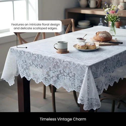 Vista 9 de Juvale Mantel de encaje blanco para mesas rectangulares de 60 x 120 pulgadas, elegante diseño floral vintage con bordes festoneados, poliéster