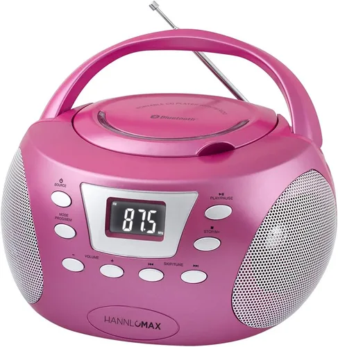 HANNLOMAX HX-332CD portátil CD Boombox, radio FM PLL, Bluetooth, pantalla LCD, entrada auxiliar, fuente de alimentación dual AC/DC (rosa)