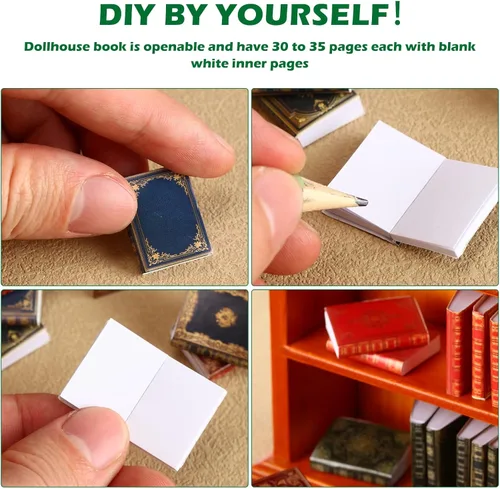 Vista 3 de Set de libros y estantería en miniatura incluye 27 piezas de miniaturas a escala 1:12 para casa de muñecas, 1 pieza de estantería de madera de 4