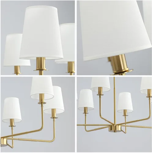 Vista 5 de Candelabro clásico de 6 luces con acabado dorado cepillado y pantallas de lino, base E12, lámpara rústica de techo para isla de cocina, comedor