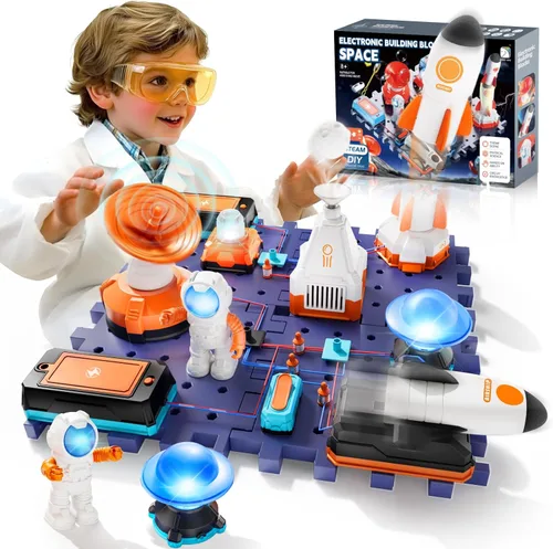 VATOS Kits de circuito de ciencia espacial para niños – Kit STEM de exploración electrónica de 31 piezas con más de 100 proyectos, lanzacohetes y