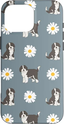 Vista 19 de Sheepadoodle and Daisy Flower Pattern Dusty Blue Case for iPhone 16