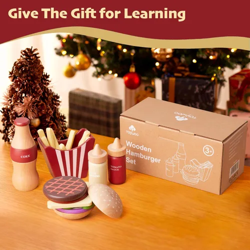 Vista 6 de Juego de comida de madera para niños, juego de hamburguesas de juguete de comida rápida, accesorios de cocina para niños pequeños, regalo de comida