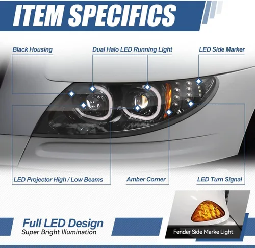 Vista 2 de Auto Dynasty Conjunto de faros delanteros de proyector DRL con halo LED completo compatible con International DuraStar 4000 8000 Series 3300 02-16