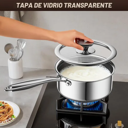 Vista 7 de Cacerola de acero inoxidable de 1 cuarto de galón con tapa de vidrio, sartén antiadherente híbrida de 6 pulgadas, sin PFAS PFOA PTFE, mango que se