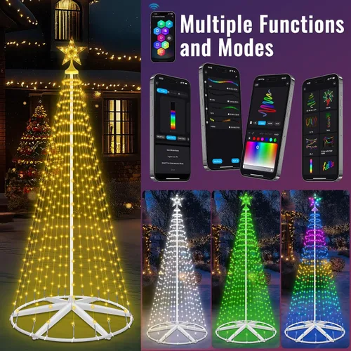 Vista 5 de Árbol de Navidad iluminado de 9.5 pies para exteriores con control de aplicación inteligente, luces de árbol de Navidad en forma de cono RGB