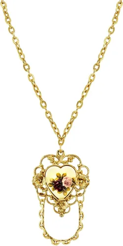 1928 Jewelry - Calcomanía de corazón floral marfil, insignia y collar con soporte para gafas, 30 pulgadas, Vidrio, Sin gemas.