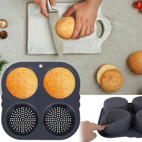 Vista 6 de Molde de silicona para bollo de hamburguesa con 4 cavidades, molde antiadherente para panecillos de hamburguesas flexible, fácil de liberar, lavable