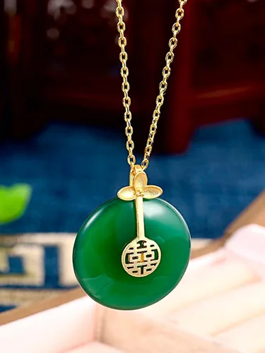 Vista 2 de Chapado en oro de 18 quilates hecho a mano S925 de plata de ley hetian jade verde buena suertefortunacírculo de bendiciónRuyi LockLucky Koi