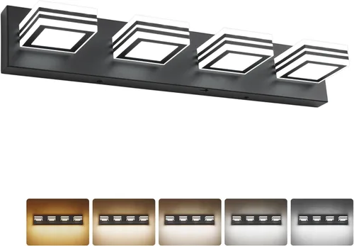 Vista 30 de SOLFART Accesorios de iluminación LED para tocador de baño: 3 lámparas de pared de baño de acrílico moderno negro mate sobre espejo 5CCT
