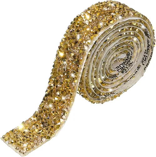 Cinta de diamantes de imitación de cristal brillante, cinta autoadhesiva para tartas de boda, cumpleaños, manualidades (dorado, 0.6 pulgadas de
