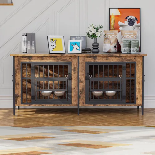 Vista 7 de Mueble de jaula para perros, jaula doble para perros con parte superior de almacenamiento y cuencos giratorios para alimentos, perrera decorativa