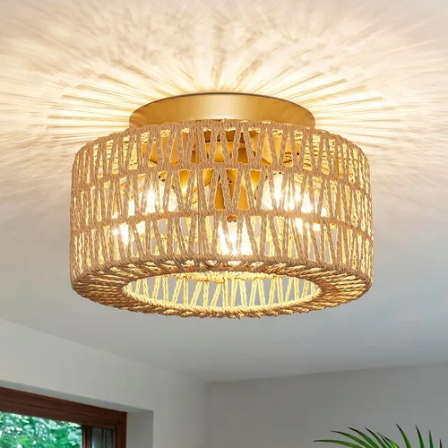 Vista 11 de Lámparas de Techo de Ratán para Montaje, Lámpara de Techo Empotrada Boho de 3 Luces, Iluminación de Lámpara con Pantalla de Jaula Tejida a Mano