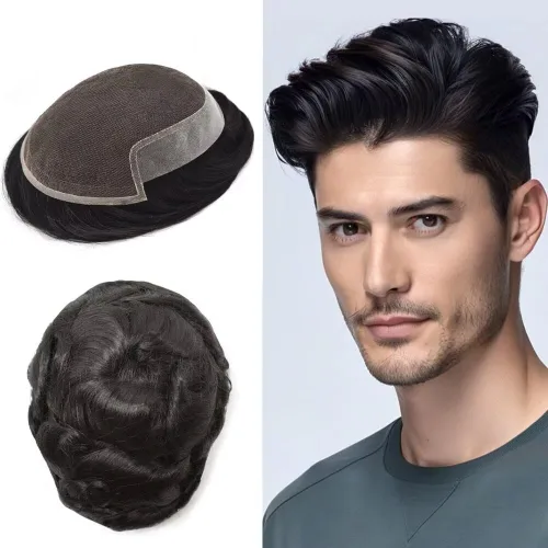 Vista 24 de FACE MIRACLE - Tupé de encaje frontal francés para hombres, postizos, sistemas de reemplazo de cabello humano con PU para hombre, prótesis