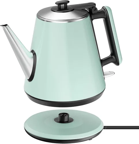 Hervidor eléctrico pequeño de 0.9 L, acero inoxidable 304, 1000 W de ebullición rápida, diseño verde vintage, apagado automático, protección contra