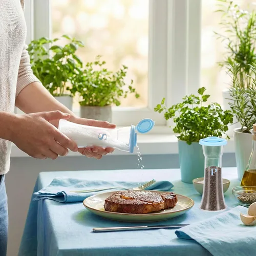 Vista 3 de Juego de 2 saleros y pimenteros de plástico con tapas, grandes cubiertos con reloj de arena a prueba de humedad, recipiente para el hogar