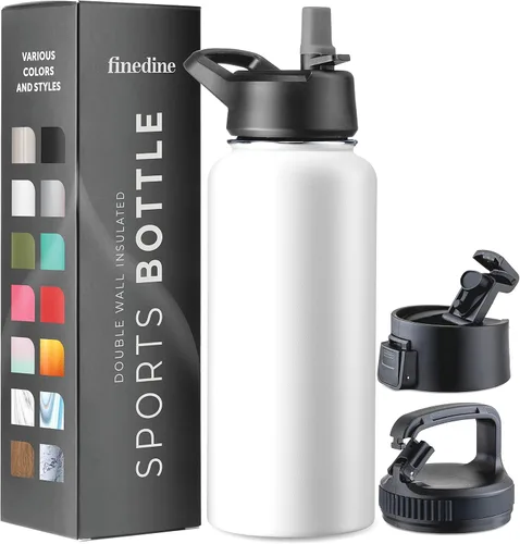 Vista 14 de FineDine Botellas de agua aisladas de triple pared con popote, botella de metal de acero inoxidable de 25 onzas con 3 tapas a prueba de fugas