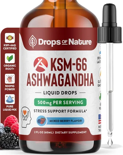 KSM-66 Ashwagandha - Gotas líquidas veganas, sin OMG y de rápida absorción, suplementos de Ashwagandha para apoyo diario de bienestar - Promueve la