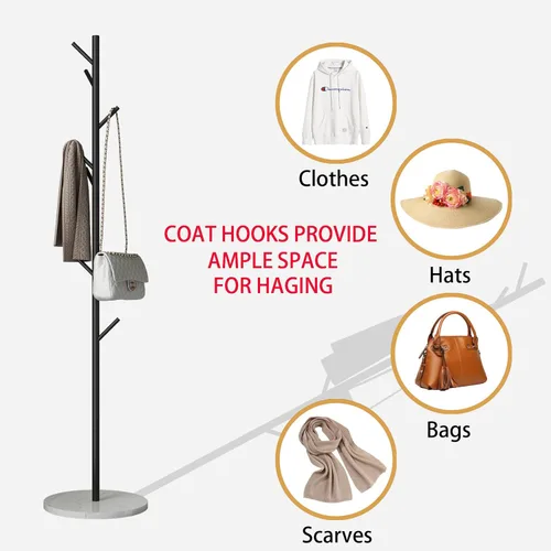 Vista 45 de Percheros de metal dorado, perchero de pie con base pesada, moderno árbol de abrigo con barra transversal y 3 ganchos, percheros de entrada