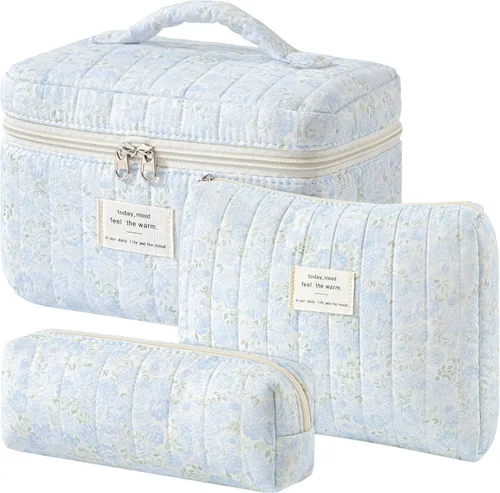 Vista 41 de HBselect Bolsa de Maquillaje Acolchada, 3 Piezas de Gran Bolsa de Maquillaje de Viaje de Algodón, Linda Bolsa de Maquillaje Floral Coquette, Bolsa