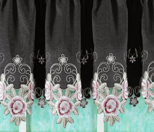 Vista 9 de Today's Curtain Verona cenefa bordada inversa, 14 pulgadas, negro/rosa, 60 pulgadas de ancho x 14 pulgadas de largo