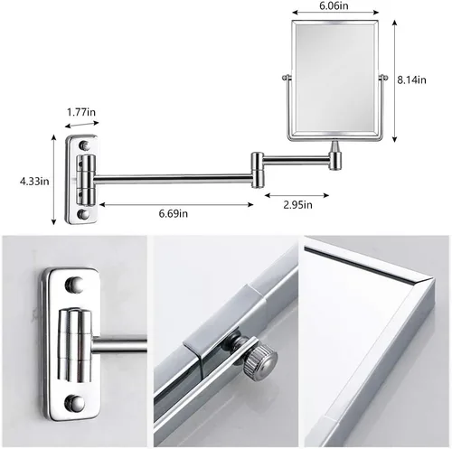 Vista 6 de QiMH Espejo de maquillaje de pared con aumento 3X Rectangular 8 x 6 pulgadas con brazo extensible Espejo giratorio de doble cara con acabado
