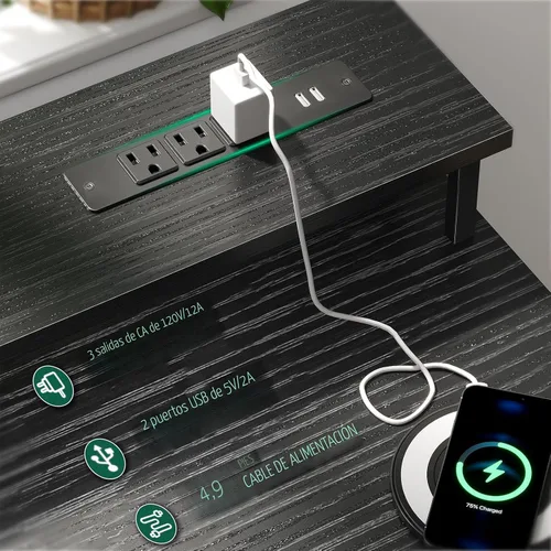 Vista 4 de Escritorio para computadora de 47 pulgadas con 5 cajones de almacenamiento de tela, escritorio para juegos con tomas de corriente y luces LED