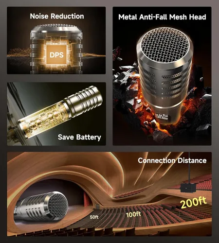 Vista 4 de Micrófonos inalámbricos, micrófono inalámbrico con conexión de chip uno a uno, batería recargable de 40H, alcance de 200 pies, plug and play, diseño