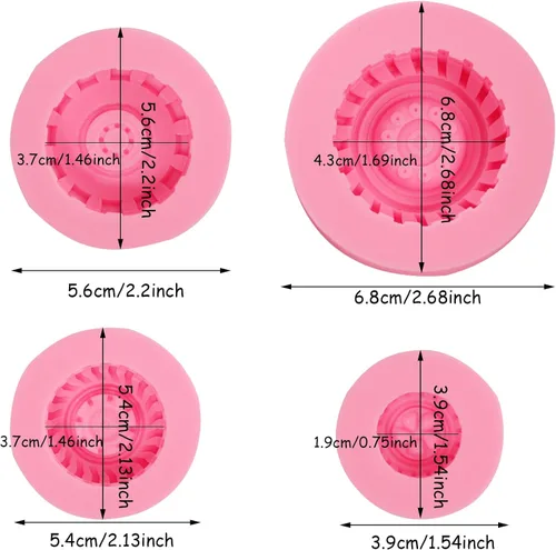 Vista 5 de Molde redondo 3D para fondant para neumáticos, moldes de silicona para rueda de camión, 4 piezas, para decoración de pasteles, proceso de azúcar