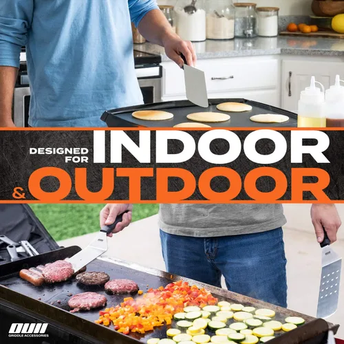 Vista 9 de Accesorios de plancha plana para parrilla Blackstone y Camp Chef - Juego de 9 piezas con kit de limpieza de plancha y bolsa de transporte. Espátula