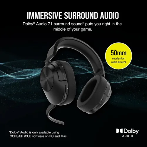 Vista 3 de CORSAIR HS55 Auriculares inalámbricos multiplataforma ligeros para juegos con Bluetooth - Sonido envolvente Dolby 7.1 - Micrófono de alta calidad
