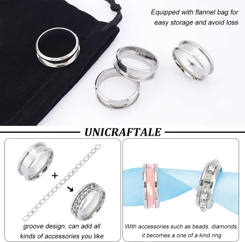 Vista 5 de UNICRAFTALE Anillo de dedo ranurado de acero inoxidable de tamaño 10 con bolsas de terciopelo para incrustaciones de anillo de joyería, anillo