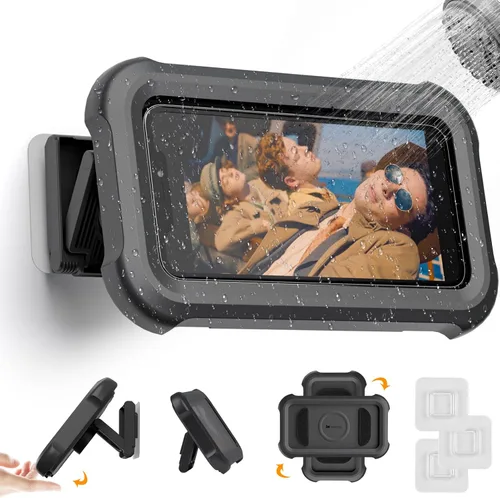 Mistriddle Soporte para teléfono de ducha impermeable con rotación de 360°, ángulo ajustable, soporte para teléfono montado en pared para espejo de
