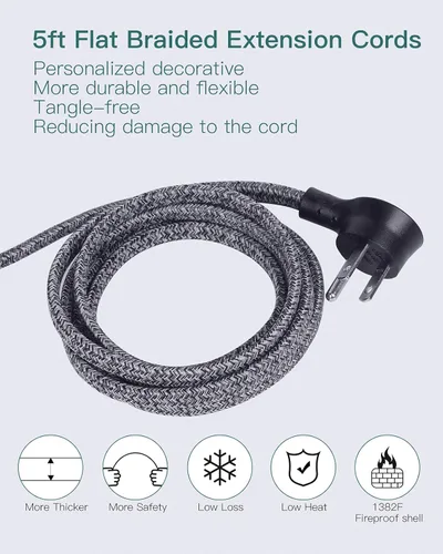 Vista 5 de Addtam Tira de alimentación con certificado ETL, cable de extensión de enchufe plano con 3 puertos USB, cable trenzado de 5 pies, regleta