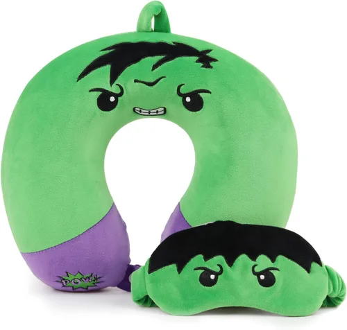 Vista 7 de Almohada de viaje de superhéroe para niños y adultos con antifaz para dormir, almohada de espuma viscoelástica en forma de U con funda lavable