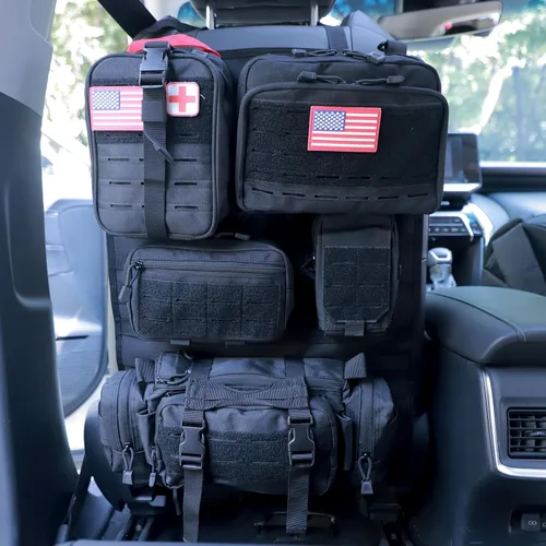 Vista 15 de Organizador táctico universal para respaldo de asiento, panel Molle para vehículo, bolsa de almacenamiento con 5 bolsas Molle desmontables