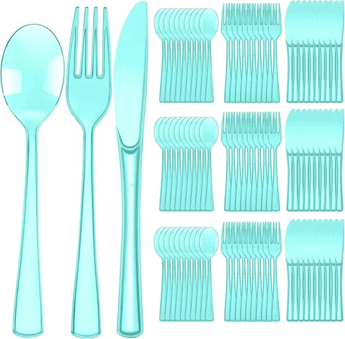 Vista 12 de Minatee Juego de 150 piezas de cubiertos desechables de plástico, cubiertos de plata resistentes, juego de utensilios 50 tenedores, 50 cuchillos, 50