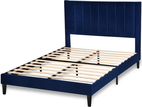 Vista 10 de Base de cama tapizada de terciopelo tamaño Queen con cabecero, listones de madera fuertes, somier opcional, base de colchón, fácil montaje, gris