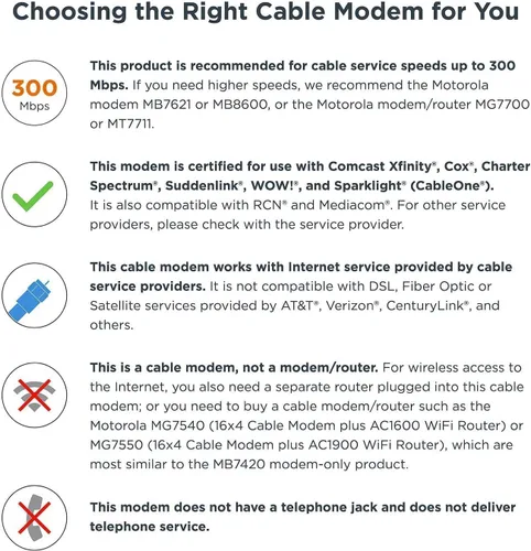 Vista 5 de Módem por cable DOCSIS 3.0 16x4 de alta velocidad, certificado para Comcast o XFINITY, con cable con aviso de tiempo, Cox y BrightHouse (MB7420)