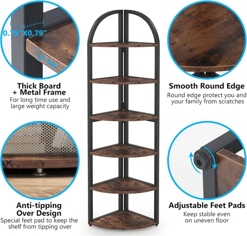 Vista 7 de Tribesigns - Estantería esquinera de 6 niveles, estantería de esquina de 71 pulgadas de alto para espacios pequeños, soporte para plantas rústico