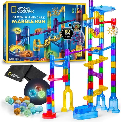 NATIONAL GEOGRAPHIC Glowing Marble Run - Juego de construcción con 15 canicas de vidrio que brillan en la oscuridad y bolsa de almacenamiento,