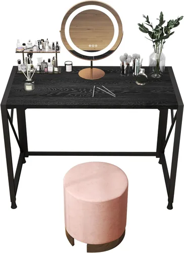 Vista 15 de COMHOMA Escritorio de tocador con espejo y luces, juego de mesa de tocador y silla con 4 cajones y estación de carga, cómoda de dormitorio