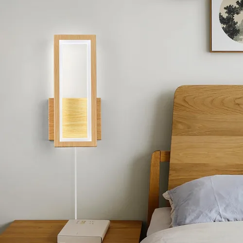 Vista 6 de Apliques de pared modernos de color madera enchufables de 18 W, lámpara de pared LED simple para interiores, 6000 K, luces de pared rectangulares