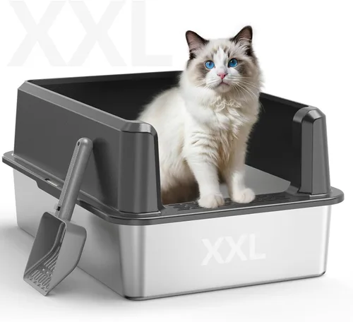 WoofiGo Caja de arena cerrada de acero inoxidable para gatos con tapa, caja de arena extra grande XL para gatos grandes, bandeja de arena de metal