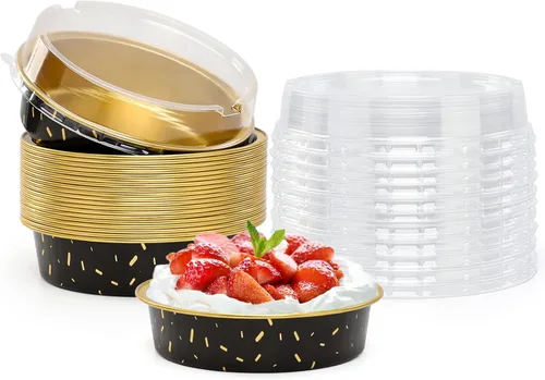 Vista 20 de Beasea Paquete de 20 Moldes para Cheesecake con Tapas, 8 Oz, 4 Pulgadas Moldes Redondos de Papel de Aluminio para Tartas, Contenedor para Muffins