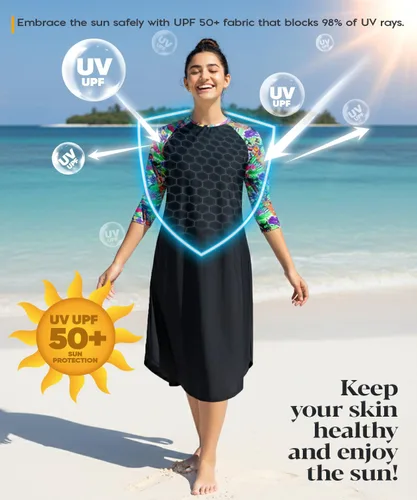 Vista 6 de Vestido de natación Shira Modest para mujer, manga 34, cubierta Tznius, protección solar UPF 50+, secado rápido