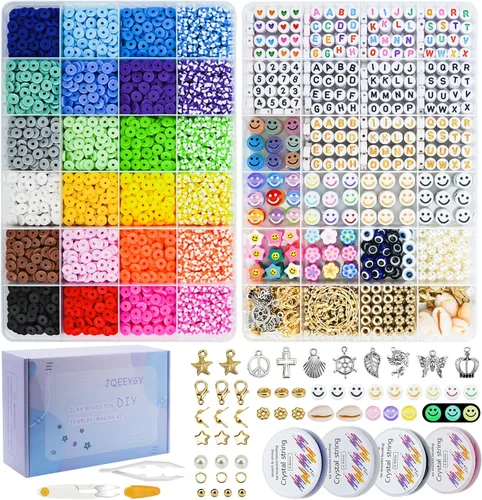 Vista 8 de JQEEYGV Kit para hacer pulseras 3 cajas - 11,000 piezas de cuentas de arcilla - 48 colores de moda de cuentas para kit de pulseras de amistad